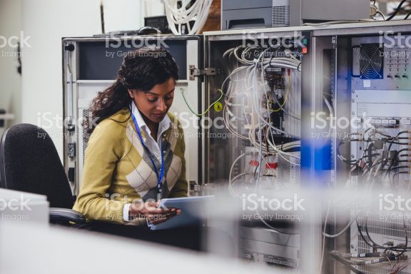 Scientist using tablet computer