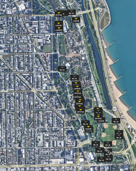 Aerial view of Lincoln Park with coordinates of wildlife spottings