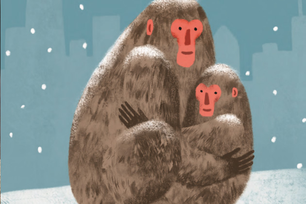 Illustration of two Japanese macaques holding each other in the snow