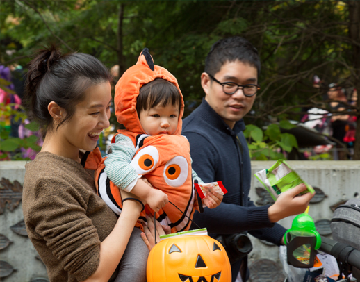 A family, including a child wearing a Finding Nemo costume, enjoys Spooky Zoo