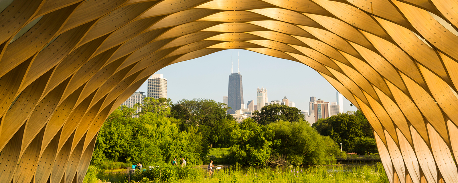 Skyline view of Chicago skyscrapers from inside Peoples Gas Education Pavilion