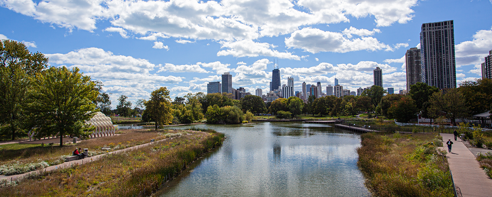 Nature Boardwalk with skyline view of Chicago skyscrapers