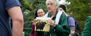 Zoo educator hols a picture of a bison