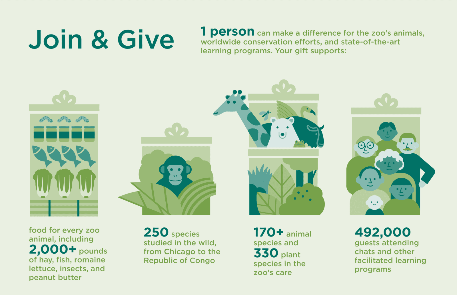 Join & Give Infographic that says: "1 person can make a difference for the zoo's animals, worldwide conservation efforts, and state-of-the-art learning programs. Your gift supports: food for every zoo animal, including 2,000+ pounds of hay, fish, romaine lettuce, insects, and peanut butter; 250 species studied in the wild, from Chicago to the Republic of Congo; 170+ animal species and 330 plant species in the zoo's care; 492,000 guests attending chats and other facilitated learning programs.