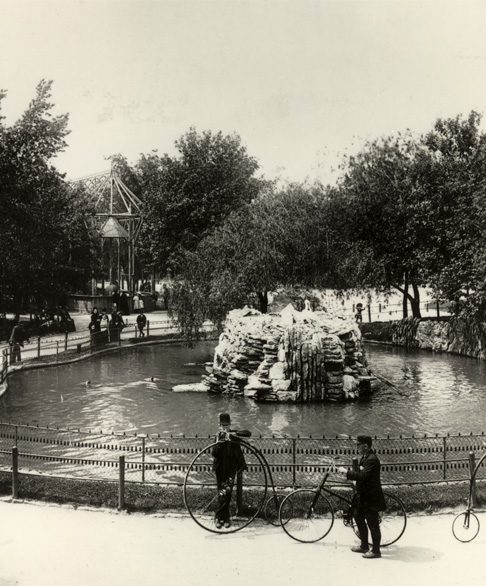 A historic black-and-white photo of the seal pool