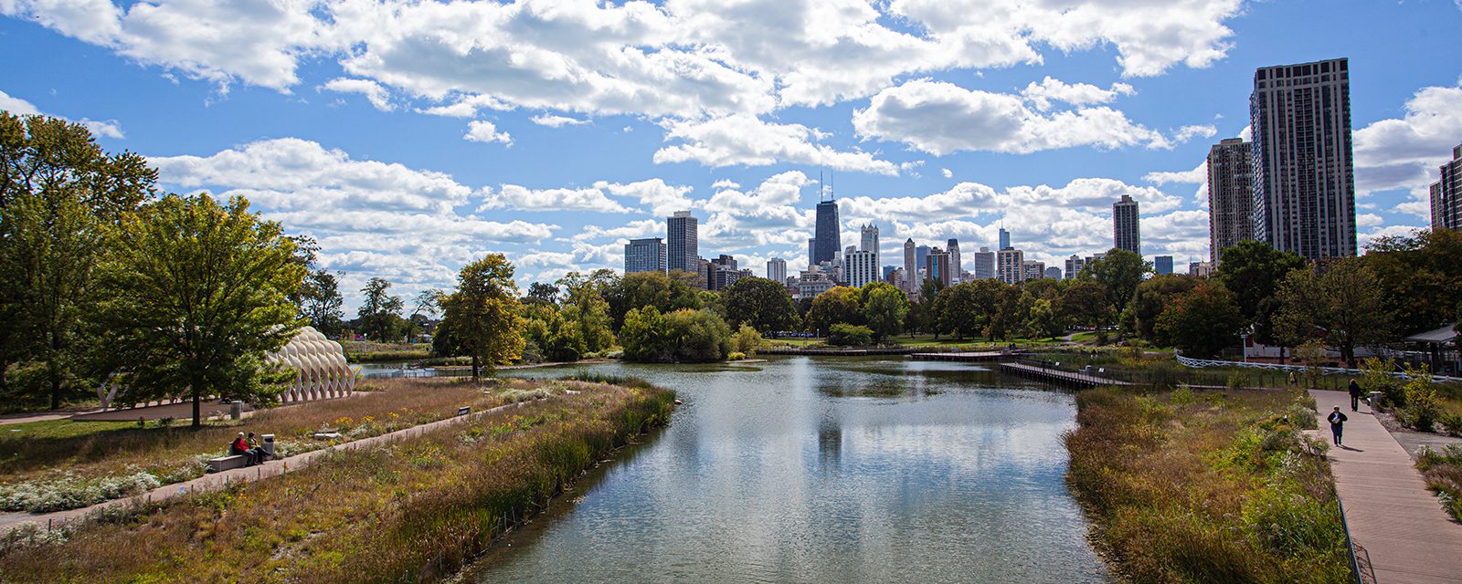 Nature Boardwalk with skyline view of Chicago skyscrapers