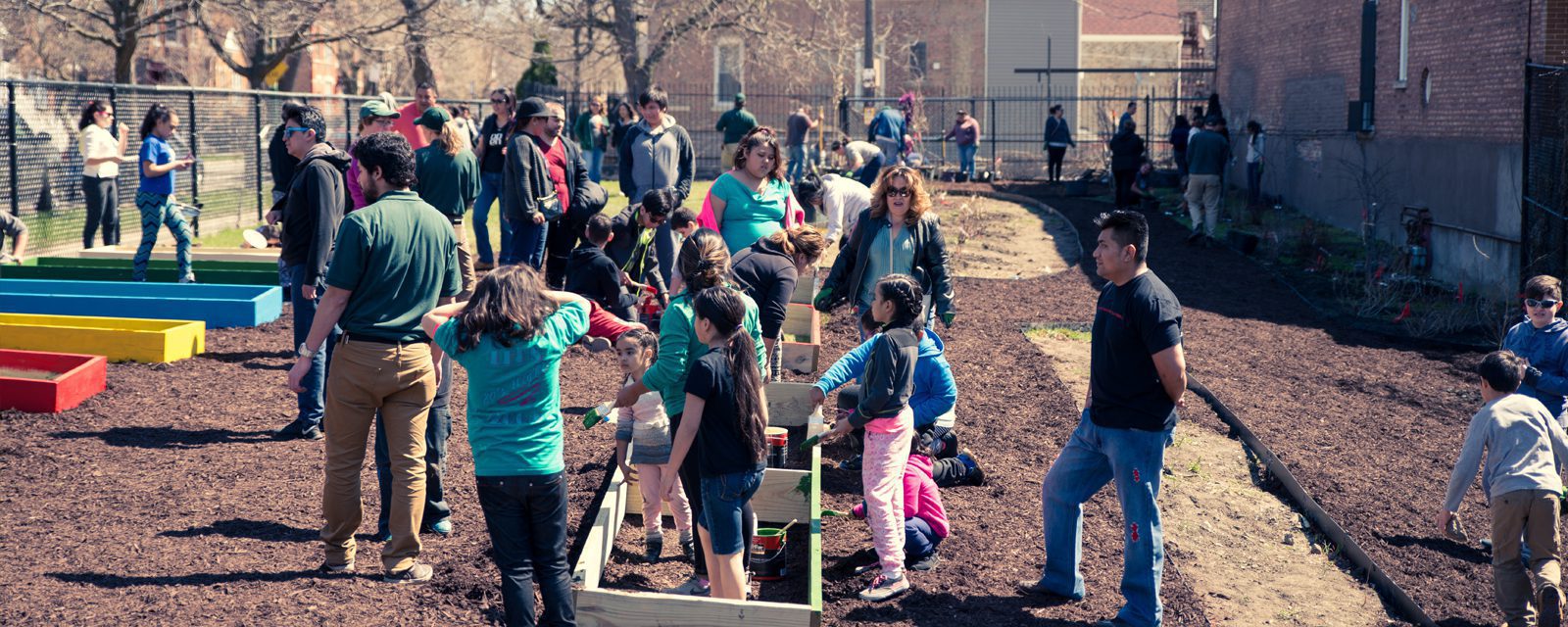Zoo staff, adults, and children build a community garden