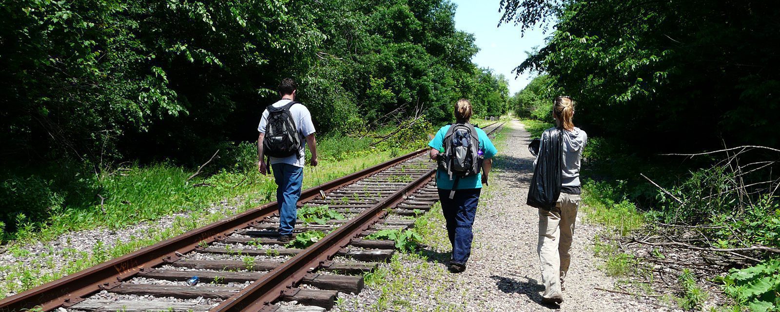 Zoo scientists following railroad tracks on foot