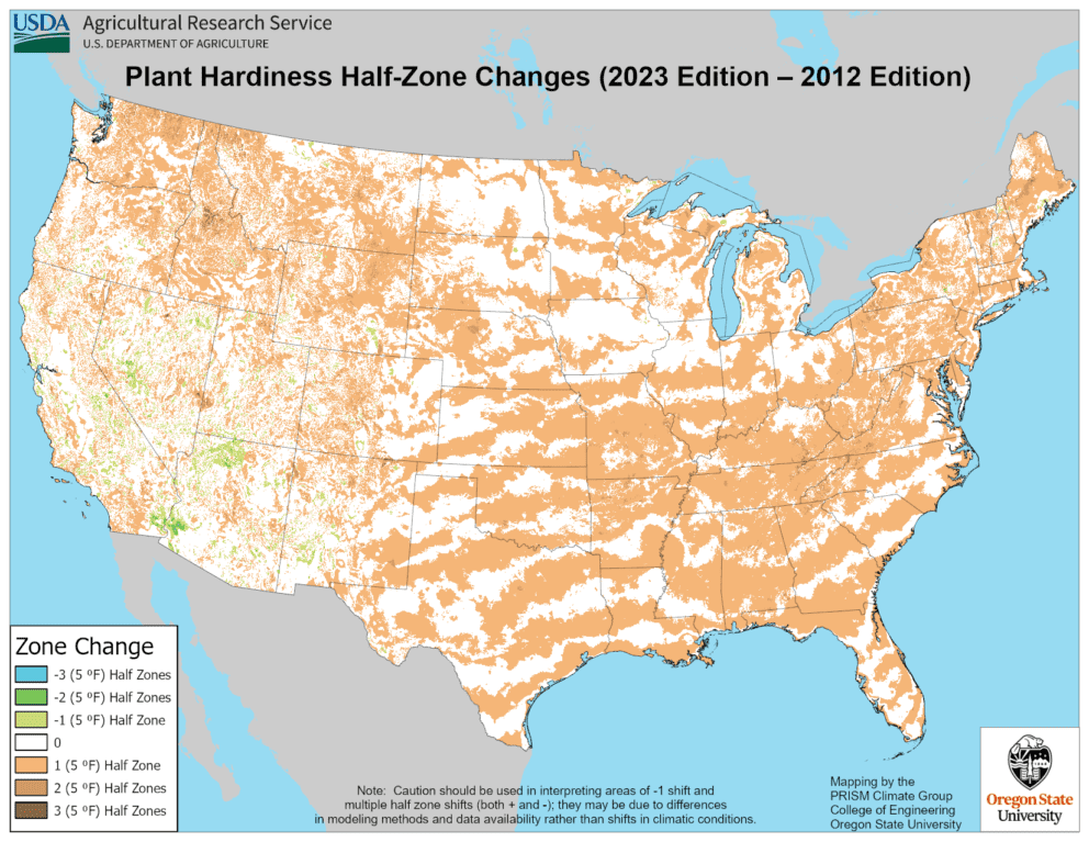 USDA Hardiness map differences between 2023 and 2012 map