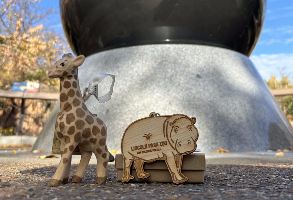 wooden ornaments in front of the Kugel fountain at Lincoln Park Zoo